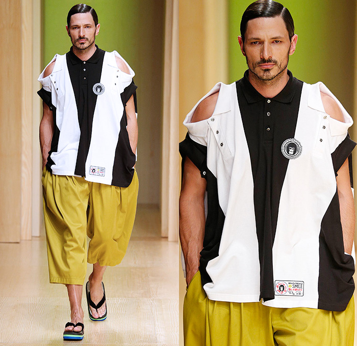 Brain&Beast 2015 Spring Summer Mens Runway Catwalk Looks - 080 Barcelona Fashion Catalonia Catalan Spain - Misfit Denim Jeans Embroidery Ripped Destroyed Destructed Holes Extra Combo Mix Multi Panels Sweater Jumper Wide Leg Trousers Pants Culottes Gauchos Tank Top Sleeveless Patched Shirts Shorts Lace Up Colorblock Shoulder Pad Shirt Long Sleeve