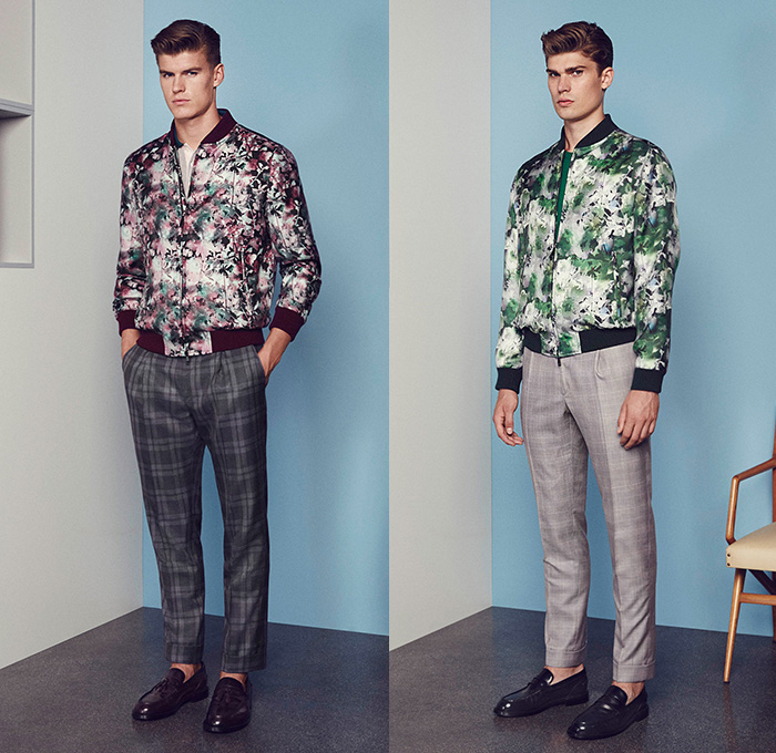 Brioni 2015 Spring Summer Mens Lookbook Presentation - Milano Moda Uomo Collezione Milan Fashion Week Italy Camera Nazionale della Moda Italiana - Flowers Florals Botanical Print Graphic Bomber Jacket Checks Windowpane Pants Trousers Loafers Sandals Shorts Button Down Shirt Outerwear Blazer Suit Houndstooth Sawtooth Necktie Coat Double Breasted Three Button Tuxedo