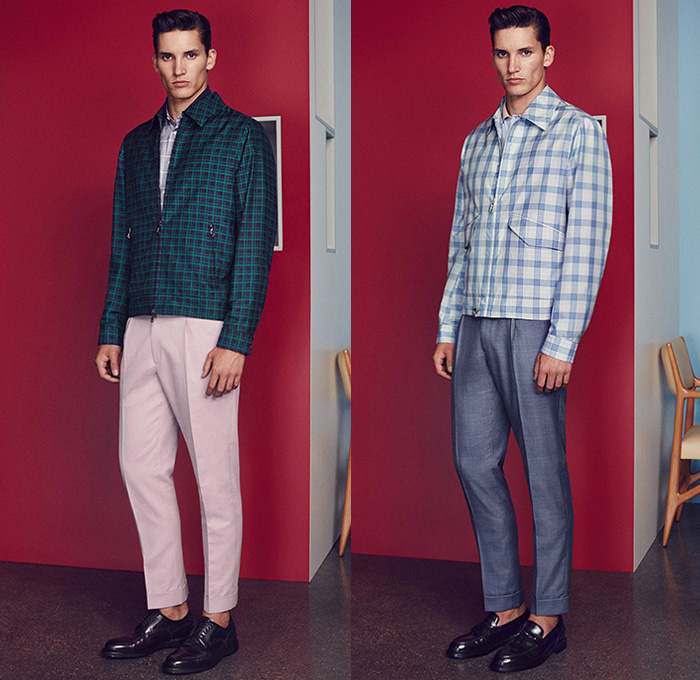 Brioni 2015 Spring Summer Mens Lookbook Presentation - Milano Moda Uomo Collezione Milan Fashion Week Italy Camera Nazionale della Moda Italiana - Flowers Florals Botanical Print Graphic Bomber Jacket Checks Windowpane Pants Trousers Loafers Sandals Shorts Button Down Shirt Outerwear Blazer Suit Houndstooth Sawtooth Necktie Coat Double Breasted Three Button Tuxedo