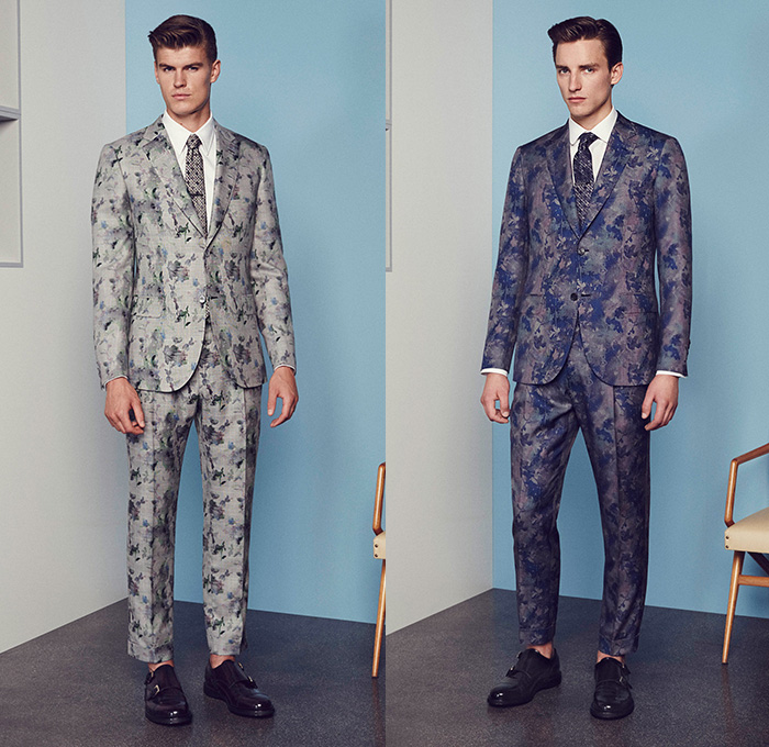 Brioni 2015 Spring Summer Mens Lookbook Presentation - Milano Moda Uomo Collezione Milan Fashion Week Italy Camera Nazionale della Moda Italiana - Flowers Florals Botanical Print Graphic Bomber Jacket Checks Windowpane Pants Trousers Loafers Sandals Shorts Button Down Shirt Outerwear Blazer Suit Houndstooth Sawtooth Necktie Coat Double Breasted Three Button Tuxedo