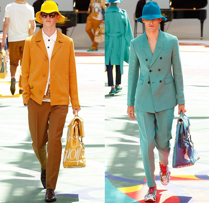 Burberry Prorsum 2015 Spring Summer Mens Runway Looks - London Collections: Men British Fashion Council UK United Kingdom - Denim Jeans Trucker Jacket Outerwear Coat Trench Coat Pants Trousers Floppy Hat Scarf Cargo Pockets Trainers Suit Blazer Jacket Velvet Suede White Typography Ombre Gradient Riding Coat Overcoat - Bruce Chatwin Adventurer Traveler Explorer Writer Weekend Bag