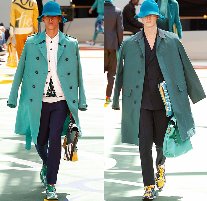 Burberry Prorsum 2015 Spring Summer Mens Runway Looks - London Collections: Men British Fashion Council UK United Kingdom - Denim Jeans Trucker Jacket Outerwear Coat Trench Coat Pants Trousers Floppy Hat Scarf Cargo Pockets Trainers Suit Blazer Jacket Velvet Suede White Typography Ombre Gradient Riding Coat Overcoat - Bruce Chatwin Adventurer Traveler Explorer Writer Weekend Bag