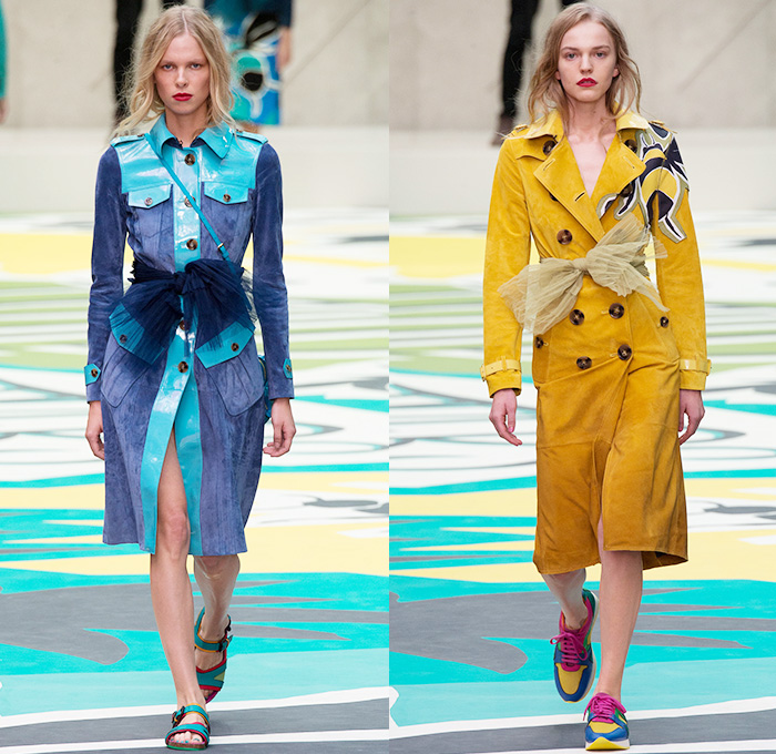 Burberry Prorsum 2015 Spring Summer Womens Runway Looks - London Fashion Week - London Collections Women British Fashion Council UK United Kingdom - Denim Jeans Panels Flap Cargo Pockets Outerwear Trench Coat Sheer Dress Ruche Tiered Tulle Shearling Coatdress Trenchdress Suede Ribbon Bow Tie Accordion Pleats Sneakers Trainers Sequins Fringes Furry Wrap Multi-Panel Bees Motif Print Graphic Trucker Jacket Skirt Frock