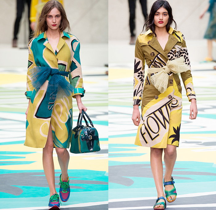 Burberry Prorsum 2015 Spring Summer Womens Runway Looks - London Fashion Week - London Collections Women British Fashion Council UK United Kingdom - Denim Jeans Panels Flap Cargo Pockets Outerwear Trench Coat Sheer Dress Ruche Tiered Tulle Shearling Coatdress Trenchdress Suede Ribbon Bow Tie Accordion Pleats Sneakers Trainers Sequins Fringes Furry Wrap Multi-Panel Bees Motif Print Graphic Trucker Jacket Skirt Frock
