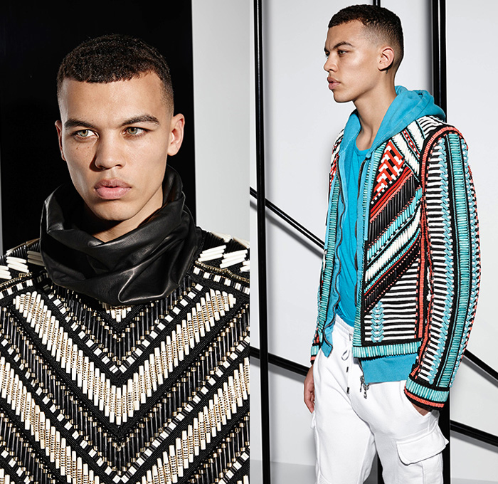 Balmain 2015 Spring Summer Mens Lookbook Collection Presentation - Mode à Paris Fashion Week Mode Masculine France - Denim Jeans Patchwork Patches Emblems 3D Beads Embellishments Embroidery Weave Cargo Pockets Hoodie Sweatshirt Outerwear Blazer Jacket Motorcycle Biker Rider MX Motocross Ribbed Knee Panels Leather Gladiator Sandals Kimono Wrap Drawstring Jogging Sweatpants Nautical Marine Sailor Military Lace Up Zigzag