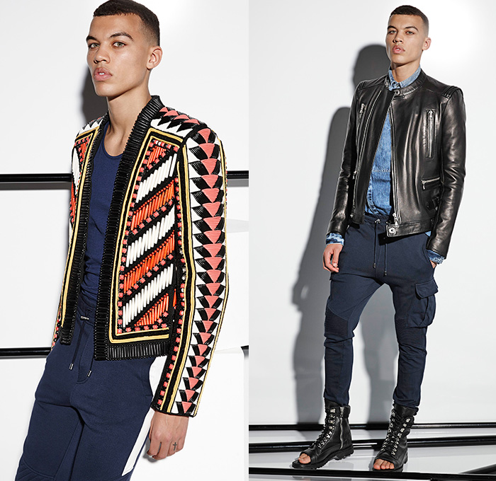 Balmain 2015 Spring Summer Mens Lookbook Collection Presentation - Mode à Paris Fashion Week Mode Masculine France - Denim Jeans Patchwork Patches Emblems 3D Beads Embellishments Embroidery Weave Cargo Pockets Hoodie Sweatshirt Outerwear Blazer Jacket Motorcycle Biker Rider MX Motocross Ribbed Knee Panels Leather Gladiator Sandals Kimono Wrap Drawstring Jogging Sweatpants Nautical Marine Sailor Military Lace Up Zigzag