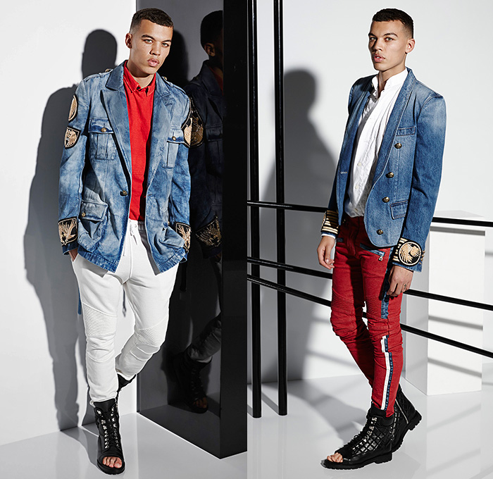 Balmain 2015 Spring Summer Mens Lookbook Collection Presentation - Mode à Paris Fashion Week Mode Masculine France - Denim Jeans Patchwork Patches Emblems 3D Beads Embellishments Embroidery Weave Cargo Pockets Hoodie Sweatshirt Outerwear Blazer Jacket Motorcycle Biker Rider MX Motocross Ribbed Knee Panels Leather Gladiator Sandals Kimono Wrap Drawstring Jogging Sweatpants Nautical Marine Sailor Military Lace Up Zigzag