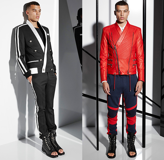 Balmain 2015 Spring Summer Mens Lookbook Collection Presentation - Mode à Paris Fashion Week Mode Masculine France - Denim Jeans Patchwork Patches Emblems 3D Beads Embellishments Embroidery Weave Cargo Pockets Hoodie Sweatshirt Outerwear Blazer Jacket Motorcycle Biker Rider MX Motocross Ribbed Knee Panels Leather Gladiator Sandals Kimono Wrap Drawstring Jogging Sweatpants Nautical Marine Sailor Military Lace Up Zigzag