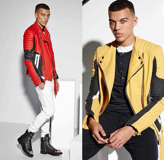 Balmain 2015 Spring Summer Mens Lookbook Collection Presentation - Mode à Paris Fashion Week Mode Masculine France - Denim Jeans Patchwork Patches Emblems 3D Beads Embellishments Embroidery Weave Cargo Pockets Hoodie Sweatshirt Outerwear Blazer Jacket Motorcycle Biker Rider MX Motocross Ribbed Knee Panels Leather Gladiator Sandals Kimono Wrap Drawstring Jogging Sweatpants Nautical Marine Sailor Military Lace Up Zigzag