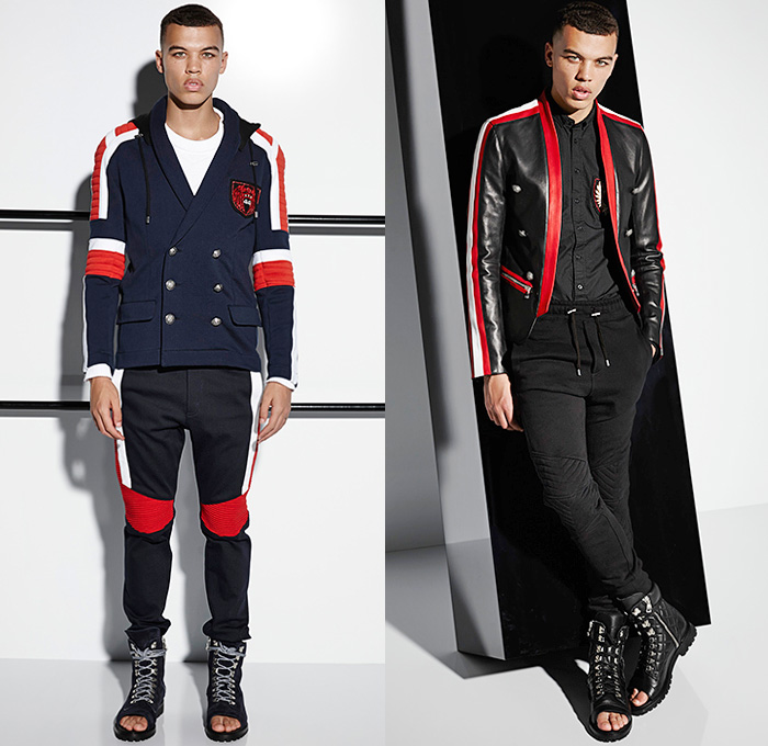 Balmain 2015 Spring Summer Mens Lookbook Collection Presentation - Mode à Paris Fashion Week Mode Masculine France - Denim Jeans Patchwork Patches Emblems 3D Beads Embellishments Embroidery Weave Cargo Pockets Hoodie Sweatshirt Outerwear Blazer Jacket Motorcycle Biker Rider MX Motocross Ribbed Knee Panels Leather Gladiator Sandals Kimono Wrap Drawstring Jogging Sweatpants Nautical Marine Sailor Military Lace Up Zigzag