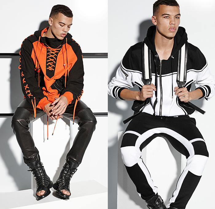 Balmain 2015 Spring Summer Mens Lookbook Collection Presentation - Mode à Paris Fashion Week Mode Masculine France - Denim Jeans Patchwork Patches Emblems 3D Beads Embellishments Embroidery Weave Cargo Pockets Hoodie Sweatshirt Outerwear Blazer Jacket Motorcycle Biker Rider MX Motocross Ribbed Knee Panels Leather Gladiator Sandals Kimono Wrap Drawstring Jogging Sweatpants Nautical Marine Sailor Military Lace Up Zigzag