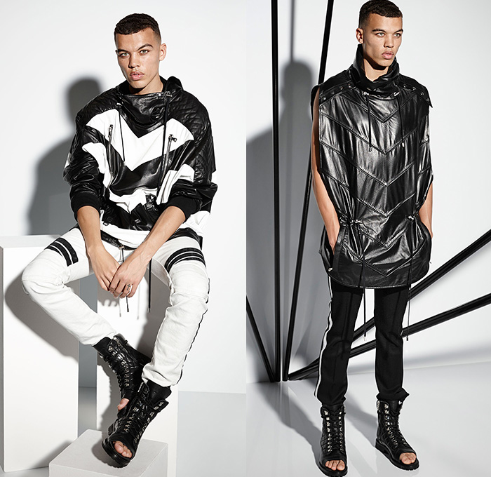 Balmain 2015 Spring Summer Mens Lookbook Collection Presentation - Mode à Paris Fashion Week Mode Masculine France - Denim Jeans Patchwork Patches Emblems 3D Beads Embellishments Embroidery Weave Cargo Pockets Hoodie Sweatshirt Outerwear Blazer Jacket Motorcycle Biker Rider MX Motocross Ribbed Knee Panels Leather Gladiator Sandals Kimono Wrap Drawstring Jogging Sweatpants Nautical Marine Sailor Military Lace Up Zigzag