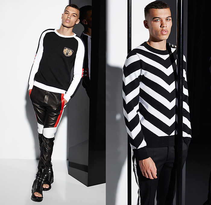 Balmain 2015 Spring Summer Mens Lookbook Collection Presentation - Mode à Paris Fashion Week Mode Masculine France - Denim Jeans Patchwork Patches Emblems 3D Beads Embellishments Embroidery Weave Cargo Pockets Hoodie Sweatshirt Outerwear Blazer Jacket Motorcycle Biker Rider MX Motocross Ribbed Knee Panels Leather Gladiator Sandals Kimono Wrap Drawstring Jogging Sweatpants Nautical Marine Sailor Military Lace Up Zigzag