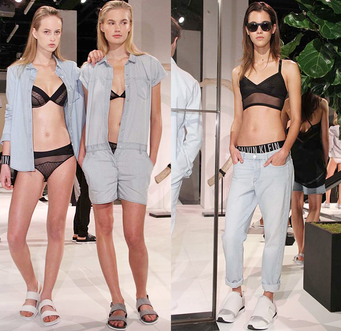 Calvin Klein White Label 2015 Spring Summer Womens Mens Lookbook Presentation New York NY - Denim Jeans Romper Underwear Intimates Bra Panties Sandals Crop Top Midriff Shorts Jogger Sweatpants Tank Top Blazer Drawstring Mesh Sheer Chiffon Windowpane Checks Sportswear Gym Fitness Leggings Sweatshirt Shortall Combishorts Onesie Dress Skirt Frock Sweater Jumper