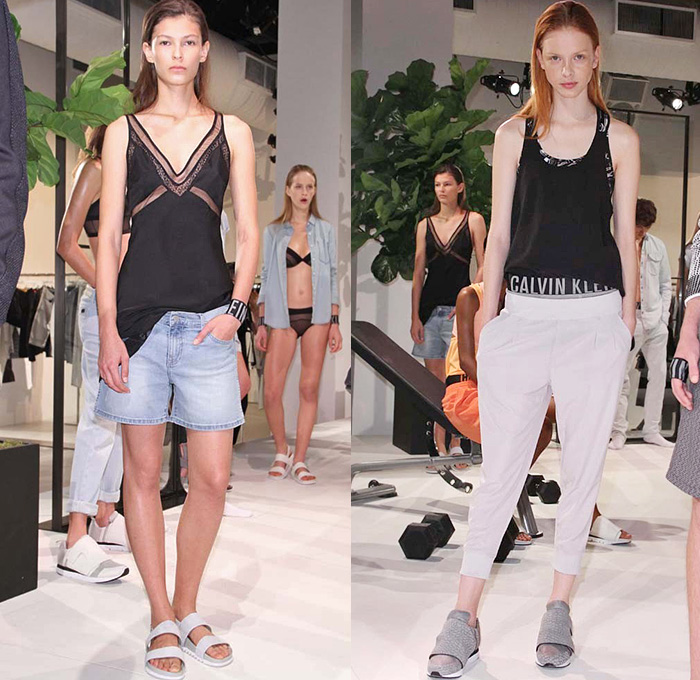 Calvin Klein White Label 2015 Spring Summer Womens Mens Lookbook Presentation New York NY - Denim Jeans Romper Underwear Intimates Bra Panties Sandals Crop Top Midriff Shorts Jogger Sweatpants Tank Top Blazer Drawstring Mesh Sheer Chiffon Windowpane Checks Sportswear Gym Fitness Leggings Sweatshirt Shortall Combishorts Onesie Dress Skirt Frock Sweater Jumper