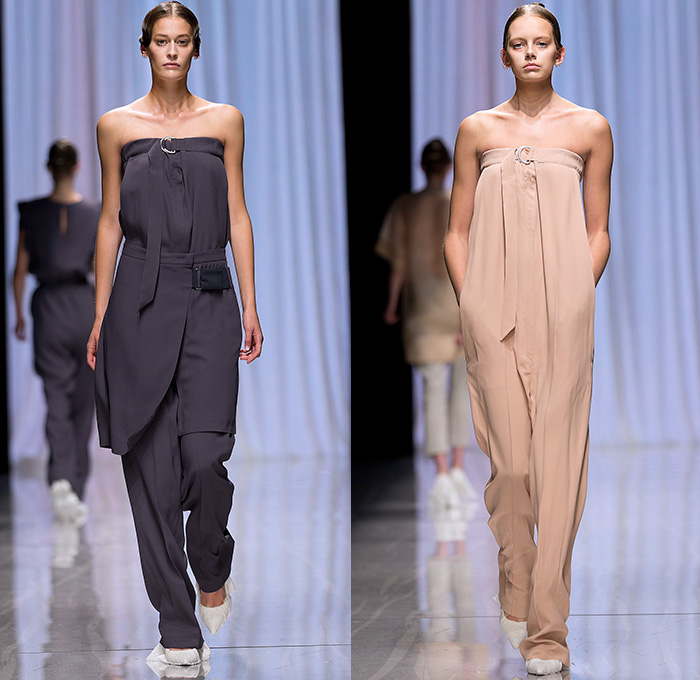 Carin Wester 2015 Spring Summer Womens Runway Catwalk Looks - Fashion Week Stockholm Sweden - D-Ring Banded Strap Handkerchief Hem Trousers Slouchy Wide Leg Palazzo Pants Dress Suit Jumperdress Strapless Pleats Stripes Skirt Frock Ruffles Mesh Boots Above The Knee Silk Chambray Drawstring Indigo Multi-Panel Coatdress Shirtdress Blousedress Layer Sheer Chiffon Bib Wrap Waistcoat Vest White Ensemble