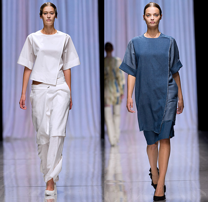 Carin Wester 2015 Spring Summer Womens Runway Catwalk Looks - Fashion Week Stockholm Sweden - D-Ring Banded Strap Handkerchief Hem Trousers Slouchy Wide Leg Palazzo Pants Dress Suit Jumperdress Strapless Pleats Stripes Skirt Frock Ruffles Mesh Boots Above The Knee Silk Chambray Drawstring Indigo Multi-Panel Coatdress Shirtdress Blousedress Layer Sheer Chiffon Bib Wrap Waistcoat Vest White Ensemble