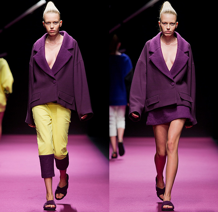 Caroline Kummelstedt 2015 Spring Summer Womens Runway Catwalk Looks - Fashion Week Stockholm Sweden - Slippers Oversized Outerwear Coat Wide Lapel Cropped Pants Multi-Panel Skirt Frock Wide Leg Trousers Palazzo Pants Culottes Coatdress V-Neck Sweater Jumper Polka Dots Prison Stripes Shirtdress Blousedress Tankdress Sleeveless