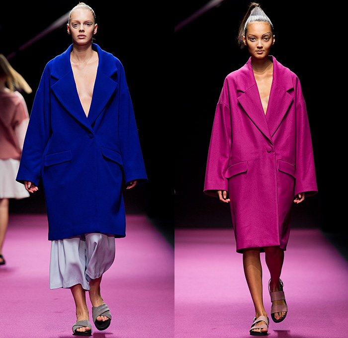 Caroline Kummelstedt 2015 Spring Summer Womens Runway Catwalk Looks - Fashion Week Stockholm Sweden - Slippers Oversized Outerwear Coat Wide Lapel Cropped Pants Multi-Panel Skirt Frock Wide Leg Trousers Palazzo Pants Culottes Coatdress V-Neck Sweater Jumper Polka Dots Prison Stripes Shirtdress Blousedress Tankdress Sleeveless