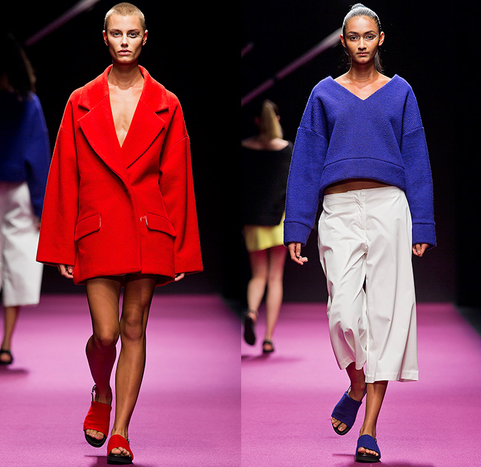 Caroline Kummelstedt 2015 Spring Summer Womens Runway Catwalk Looks - Fashion Week Stockholm Sweden - Slippers Oversized Outerwear Coat Wide Lapel Cropped Pants Multi-Panel Skirt Frock Wide Leg Trousers Palazzo Pants Culottes Coatdress V-Neck Sweater Jumper Polka Dots Prison Stripes Shirtdress Blousedress Tankdress Sleeveless