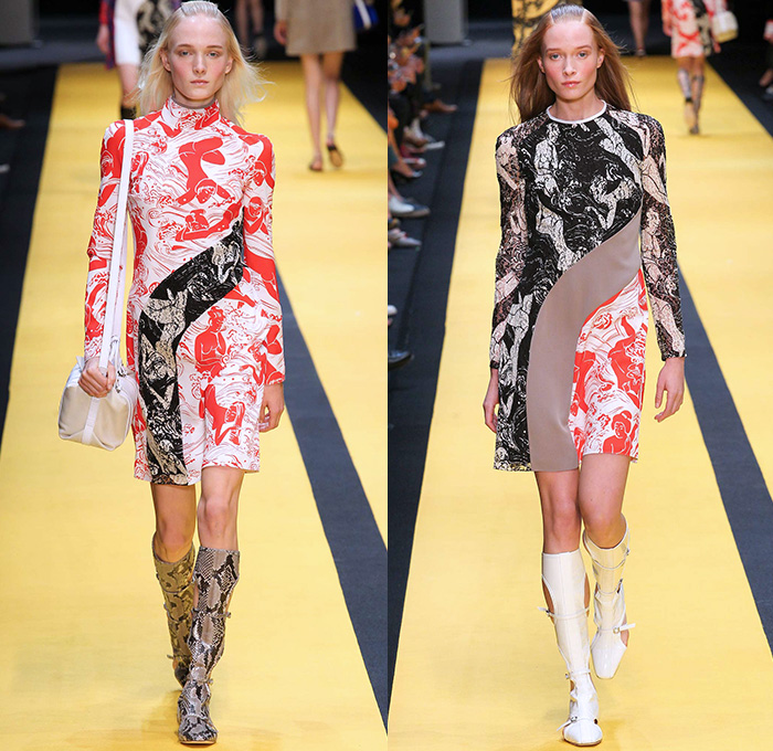 Carven 2015 Spring Summer Womens Runway Catwalk Looks - Mode à Paris Fashion Week Prêt-à-Porter Mode Féminin Femme France - Japanese Edo Print Racing Stripes Waves Snakeskin Coatdress Lace Colorblock Illustration Formula 1 Prints Dress Multi-Panel Flowers Florals Botanical Boots Snake Reptile Belted Waist Pants Trousers Outerwear Coat Handbag