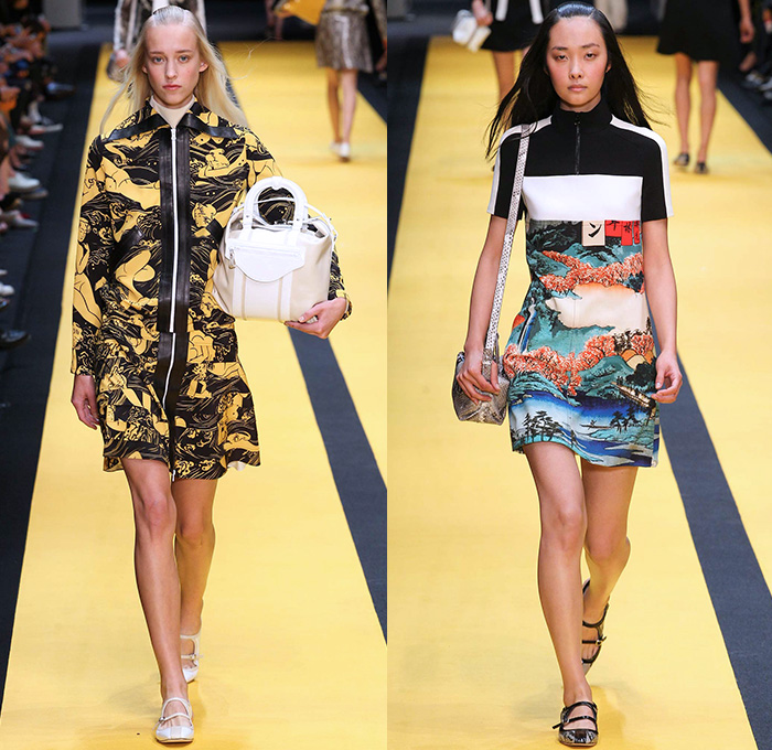 Carven 2015 Spring Summer Womens Runway Catwalk Looks - Mode à Paris Fashion Week Prêt-à-Porter Mode Féminin Femme France - Japanese Edo Print Racing Stripes Waves Snakeskin Coatdress Lace Colorblock Illustration Formula 1 Prints Dress Multi-Panel Flowers Florals Botanical Boots Snake Reptile Belted Waist Pants Trousers Outerwear Coat Handbag