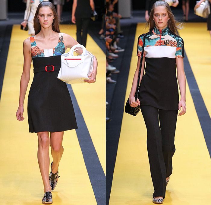 Carven 2015 Spring Summer Womens Runway Catwalk Looks - Mode à Paris Fashion Week Prêt-à-Porter Mode Féminin Femme France - Japanese Edo Print Racing Stripes Waves Snakeskin Coatdress Lace Colorblock Illustration Formula 1 Prints Dress Multi-Panel Flowers Florals Botanical Boots Snake Reptile Belted Waist Pants Trousers Outerwear Coat Handbag