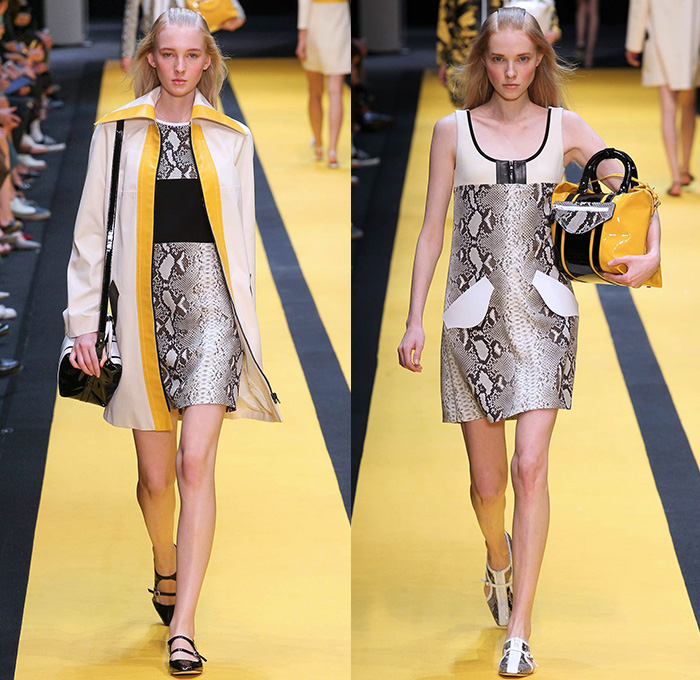 Carven 2015 Spring Summer Womens Runway Catwalk Looks - Mode à Paris Fashion Week Prêt-à-Porter Mode Féminin Femme France - Japanese Edo Print Racing Stripes Waves Snakeskin Coatdress Lace Colorblock Illustration Formula 1 Prints Dress Multi-Panel Flowers Florals Botanical Boots Snake Reptile Belted Waist Pants Trousers Outerwear Coat Handbag