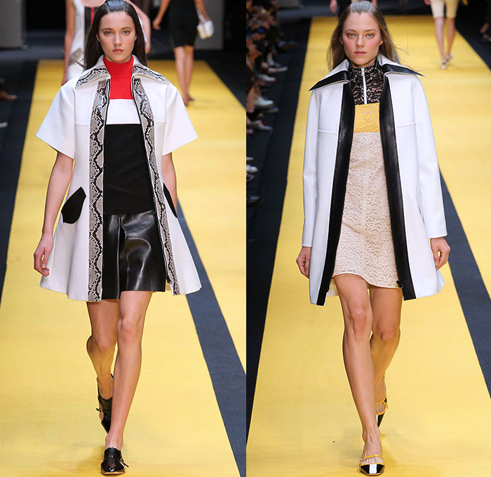 Carven 2015 Spring Summer Womens Runway Catwalk Looks - Mode à Paris Fashion Week Prêt-à-Porter Mode Féminin Femme France - Japanese Edo Print Racing Stripes Waves Snakeskin Coatdress Lace Colorblock Illustration Formula 1 Prints Dress Multi-Panel Flowers Florals Botanical Boots Snake Reptile Belted Waist Pants Trousers Outerwear Coat Handbag