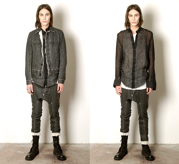 Cedric Jacquemyn Belgium 2015 Spring Summer Mens Lookbook Collection Presentation - Mode à Paris Fashion Week Mode Masculine France - Amazon Denim Jeans Frayed Raw Hem Dark Wash Apocalyptic Unstructured Experimental Organic Low Crotch Gothic Boots Sheer Chiffon Button Down Shirt Outerwear Jacket Coat Multi-Panel Slim Black Leather Creases Vest Waistcoat Oversized Lapel Hoodie Angular Closure Shorts Knit Sweater Jumper Strings Threads Sleek Minimal