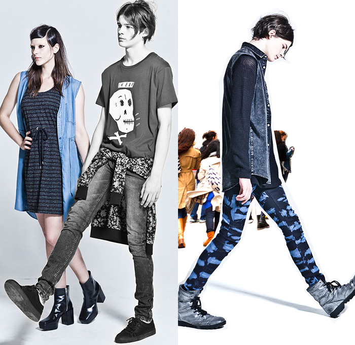 Cheap Monday 2015 Spring Summer Mens Womens Lookbook Presentation - Denim Jeans Vintage Retro Faded Destroyed Destructed Ripped Holes Skinny Bleached Punky Overdyed Trashed Wide Leg Baggy Loose Crop Top Midriff Bandeau Skirt Frock Boots Outerwear Jacket Tote Bag Dress Graphic Typography Print Plaid Sweatshirt Cinch Hem Drawstring Sleeveless Tank Top Cap High Tops Stripes Boots Vest Jogging Sweatpants