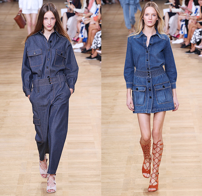 Chloé 2015 Spring Summer Womens Runway Catwalk Looks - Mode à Paris Fashion Week Prêt-à-Porter Mode Féminin Femme France - 1970s Seventies Boho Bohemian Denim Jeans Cargo Pockets Balloon Sleeves Pleats Ruffles Ruched Shorts Lace White Ensemble Shirtdress Handkerchief Cinch Hem Halter Top Poncho Cloak Cape Hoodie Drawstring Noodle Spaghetti Strap Sheer Chiffon Skirt Frock Low Neckline Maxi Dress Drapery Suede