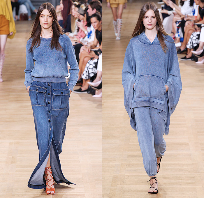 Chloé 2015 Spring Summer Womens Runway Catwalk Looks - Mode à Paris Fashion Week Prêt-à-Porter Mode Féminin Femme France - 1970s Seventies Boho Bohemian Denim Jeans Cargo Pockets Balloon Sleeves Pleats Ruffles Ruched Shorts Lace White Ensemble Shirtdress Handkerchief Cinch Hem Halter Top Poncho Cloak Cape Hoodie Drawstring Noodle Spaghetti Strap Sheer Chiffon Skirt Frock Low Neckline Maxi Dress Drapery Suede