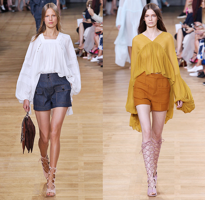 Chloé 2015 Spring Summer Womens Runway Catwalk Looks - Mode à Paris Fashion Week Prêt-à-Porter Mode Féminin Femme France - 1970s Seventies Boho Bohemian Denim Jeans Cargo Pockets Balloon Sleeves Pleats Ruffles Ruched Shorts Lace White Ensemble Shirtdress Handkerchief Cinch Hem Halter Top Poncho Cloak Cape Hoodie Drawstring Noodle Spaghetti Strap Sheer Chiffon Skirt Frock Low Neckline Maxi Dress Drapery Suede