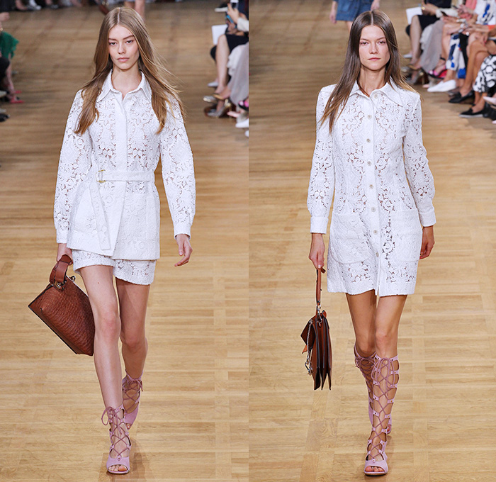 Chloé 2015 Spring Summer Womens Runway Catwalk Looks - Mode à Paris Fashion Week Prêt-à-Porter Mode Féminin Femme France - 1970s Seventies Boho Bohemian Denim Jeans Cargo Pockets Balloon Sleeves Pleats Ruffles Ruched Shorts Lace White Ensemble Shirtdress Handkerchief Cinch Hem Halter Top Poncho Cloak Cape Hoodie Drawstring Noodle Spaghetti Strap Sheer Chiffon Skirt Frock Low Neckline Maxi Dress Drapery Suede