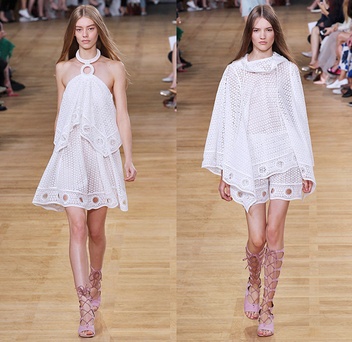 Chloé 2015 Spring Summer Womens Runway Catwalk Looks - Mode à Paris Fashion Week Prêt-à-Porter Mode Féminin Femme France - 1970s Seventies Boho Bohemian Denim Jeans Cargo Pockets Balloon Sleeves Pleats Ruffles Ruched Shorts Lace White Ensemble Shirtdress Handkerchief Cinch Hem Halter Top Poncho Cloak Cape Hoodie Drawstring Noodle Spaghetti Strap Sheer Chiffon Skirt Frock Low Neckline Maxi Dress Drapery Suede