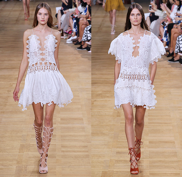 Chloé 2015 Spring Summer Womens Runway Catwalk Looks - Mode à Paris Fashion Week Prêt-à-Porter Mode Féminin Femme France - 1970s Seventies Boho Bohemian Denim Jeans Cargo Pockets Balloon Sleeves Pleats Ruffles Ruched Shorts Lace White Ensemble Shirtdress Handkerchief Cinch Hem Halter Top Poncho Cloak Cape Hoodie Drawstring Noodle Spaghetti Strap Sheer Chiffon Skirt Frock Low Neckline Maxi Dress Drapery Suede