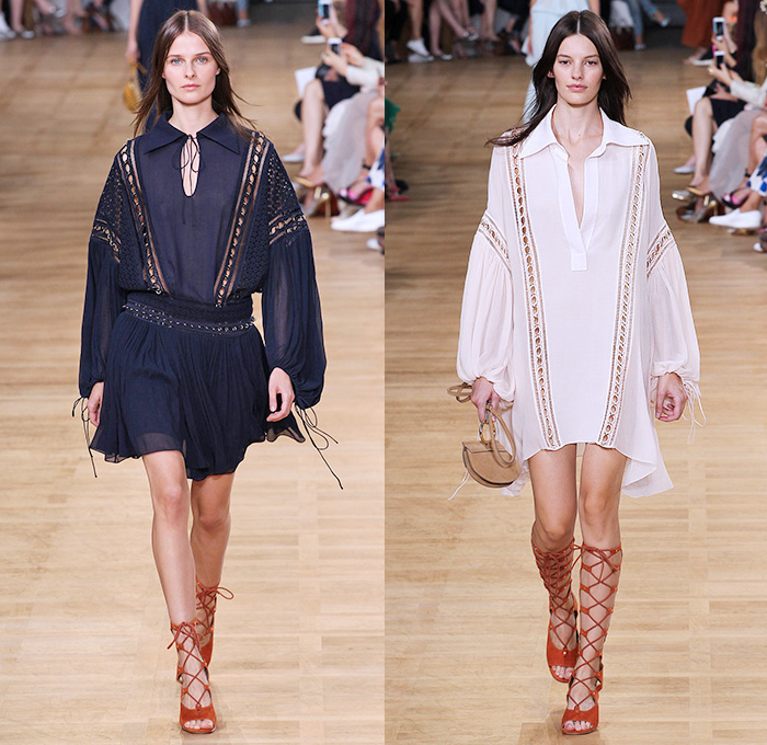 Chloé 2015 Spring Summer Womens Runway Catwalk Looks - Mode à Paris Fashion Week Prêt-à-Porter Mode Féminin Femme France - 1970s Seventies Boho Bohemian Denim Jeans Cargo Pockets Balloon Sleeves Pleats Ruffles Ruched Shorts Lace White Ensemble Shirtdress Handkerchief Cinch Hem Halter Top Poncho Cloak Cape Hoodie Drawstring Noodle Spaghetti Strap Sheer Chiffon Skirt Frock Low Neckline Maxi Dress Drapery Suede