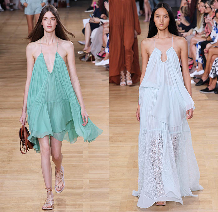 Chloé 2015 Spring Summer Womens Runway Catwalk Looks - Mode à Paris Fashion Week Prêt-à-Porter Mode Féminin Femme France - 1970s Seventies Boho Bohemian Denim Jeans Cargo Pockets Balloon Sleeves Pleats Ruffles Ruched Shorts Lace White Ensemble Shirtdress Handkerchief Cinch Hem Halter Top Poncho Cloak Cape Hoodie Drawstring Noodle Spaghetti Strap Sheer Chiffon Skirt Frock Low Neckline Maxi Dress Drapery Suede