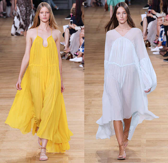 Chloé 2015 Spring Summer Womens Runway Catwalk Looks - Mode à Paris Fashion Week Prêt-à-Porter Mode Féminin Femme France - 1970s Seventies Boho Bohemian Denim Jeans Cargo Pockets Balloon Sleeves Pleats Ruffles Ruched Shorts Lace White Ensemble Shirtdress Handkerchief Cinch Hem Halter Top Poncho Cloak Cape Hoodie Drawstring Noodle Spaghetti Strap Sheer Chiffon Skirt Frock Low Neckline Maxi Dress Drapery Suede