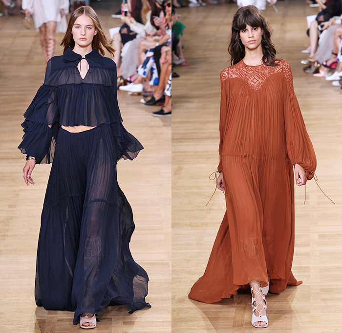 Chloé 2015 Spring Summer Womens Runway Catwalk Looks - Mode à Paris Fashion Week Prêt-à-Porter Mode Féminin Femme France - 1970s Seventies Boho Bohemian Denim Jeans Cargo Pockets Balloon Sleeves Pleats Ruffles Ruched Shorts Lace White Ensemble Shirtdress Handkerchief Cinch Hem Halter Top Poncho Cloak Cape Hoodie Drawstring Noodle Spaghetti Strap Sheer Chiffon Skirt Frock Low Neckline Maxi Dress Drapery Suede