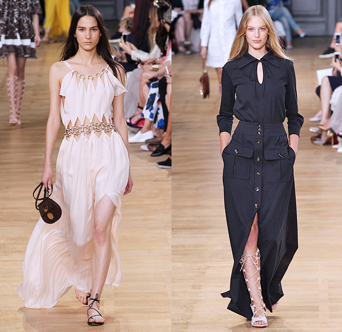 Chloé 2015 Spring Summer Womens Runway Catwalk Looks - Mode à Paris Fashion Week Prêt-à-Porter Mode Féminin Femme France - 1970s Seventies Boho Bohemian Denim Jeans Cargo Pockets Balloon Sleeves Pleats Ruffles Ruched Shorts Lace White Ensemble Shirtdress Handkerchief Cinch Hem Halter Top Poncho Cloak Cape Hoodie Drawstring Noodle Spaghetti Strap Sheer Chiffon Skirt Frock Low Neckline Maxi Dress Drapery Suede