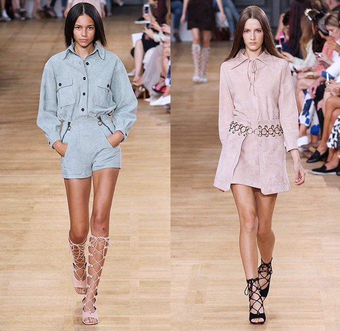 Chloé 2015 Spring Summer Womens Runway Catwalk Looks - Mode à Paris Fashion Week Prêt-à-Porter Mode Féminin Femme France - 1970s Seventies Boho Bohemian Denim Jeans Cargo Pockets Balloon Sleeves Pleats Ruffles Ruched Shorts Lace White Ensemble Shirtdress Handkerchief Cinch Hem Halter Top Poncho Cloak Cape Hoodie Drawstring Noodle Spaghetti Strap Sheer Chiffon Skirt Frock Low Neckline Maxi Dress Drapery Suede