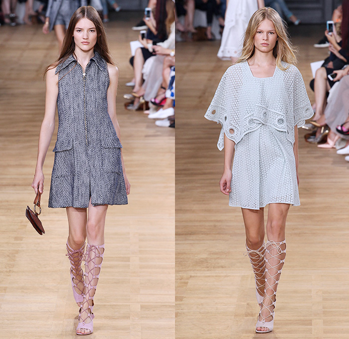 Chloé 2015 Spring Summer Womens Runway Catwalk Looks - Mode à Paris Fashion Week Prêt-à-Porter Mode Féminin Femme France - 1970s Seventies Boho Bohemian Denim Jeans Cargo Pockets Balloon Sleeves Pleats Ruffles Ruched Shorts Lace White Ensemble Shirtdress Handkerchief Cinch Hem Halter Top Poncho Cloak Cape Hoodie Drawstring Noodle Spaghetti Strap Sheer Chiffon Skirt Frock Low Neckline Maxi Dress Drapery Suede