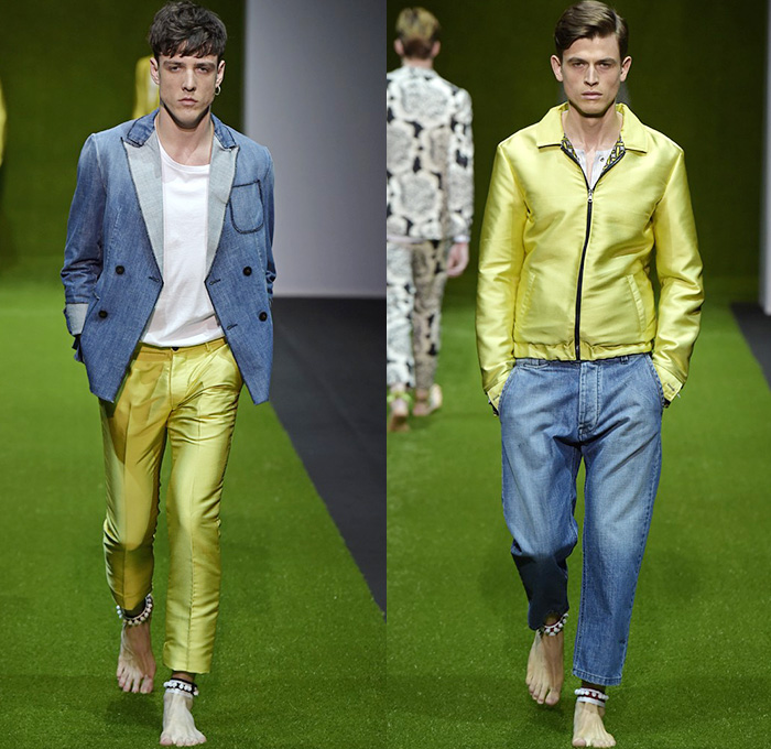 Christian Pellizzari 2015 Spring Summer Mens Runway Looks - Milano Moda Uomo Collezione Milan Fashion Week Italy Camera Nazionale della Moda Italiana - Denim Jeans Jacquard Outerwear Polka Dots Flowers Florals Flora Embroidery 3d Embellishments Drawstring Lace Up Eyelets Grommets Vest Waistcoat Coat Parka Hoodie Steel Pattern Shirt Blazer Suit Sportcoat Bomber Tuxedo Cocktail Jacket Metallic Foil Cargo Pockets Pants Trousers Khakis Chinos