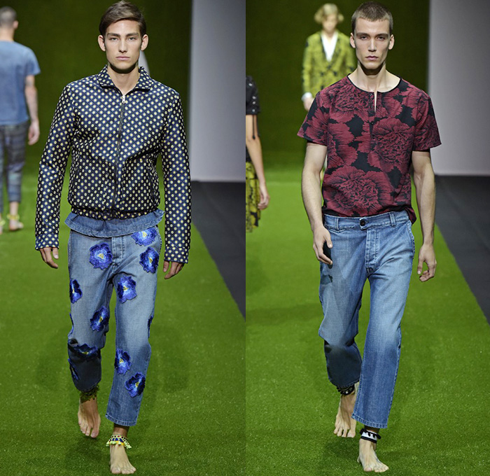 Christian Pellizzari 2015 Spring Summer Mens Runway Looks - Milano Moda Uomo Collezione Milan Fashion Week Italy Camera Nazionale della Moda Italiana - Denim Jeans Jacquard Outerwear Polka Dots Flowers Florals Flora Embroidery 3d Embellishments Drawstring Lace Up Eyelets Grommets Vest Waistcoat Coat Parka Hoodie Steel Pattern Shirt Blazer Suit Sportcoat Bomber Tuxedo Cocktail Jacket Metallic Foil Cargo Pockets Pants Trousers Khakis Chinos