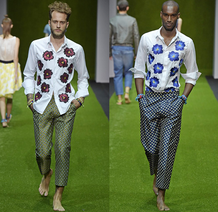 Christian Pellizzari 2015 Spring Summer Mens Runway Looks - Milano Moda Uomo Collezione Milan Fashion Week Italy Camera Nazionale della Moda Italiana - Denim Jeans Jacquard Outerwear Polka Dots Flowers Florals Flora Embroidery 3d Embellishments Drawstring Lace Up Eyelets Grommets Vest Waistcoat Coat Parka Hoodie Steel Pattern Shirt Blazer Suit Sportcoat Bomber Tuxedo Cocktail Jacket Metallic Foil Cargo Pockets Pants Trousers Khakis Chinos