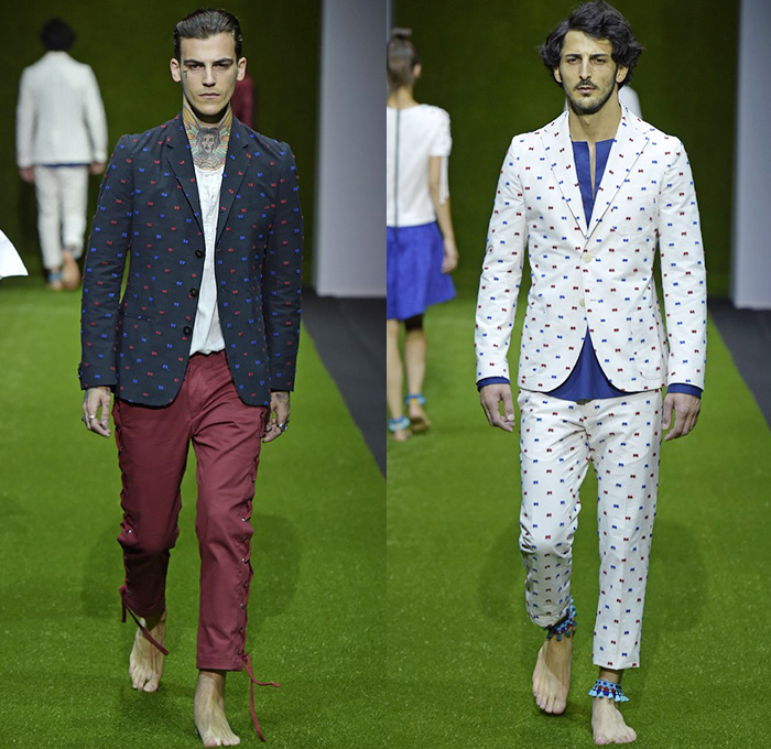 Christian Pellizzari 2015 Spring Summer Mens Runway Looks - Milano Moda Uomo Collezione Milan Fashion Week Italy Camera Nazionale della Moda Italiana - Denim Jeans Jacquard Outerwear Polka Dots Flowers Florals Flora Embroidery 3d Embellishments Drawstring Lace Up Eyelets Grommets Vest Waistcoat Coat Parka Hoodie Steel Pattern Shirt Blazer Suit Sportcoat Bomber Tuxedo Cocktail Jacket Metallic Foil Cargo Pockets Pants Trousers Khakis Chinos