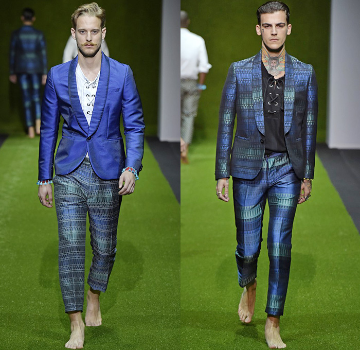 Christian Pellizzari 2015 Spring Summer Mens Runway Looks - Milano Moda Uomo Collezione Milan Fashion Week Italy Camera Nazionale della Moda Italiana - Denim Jeans Jacquard Outerwear Polka Dots Flowers Florals Flora Embroidery 3d Embellishments Drawstring Lace Up Eyelets Grommets Vest Waistcoat Coat Parka Hoodie Steel Pattern Shirt Blazer Suit Sportcoat Bomber Tuxedo Cocktail Jacket Metallic Foil Cargo Pockets Pants Trousers Khakis Chinos