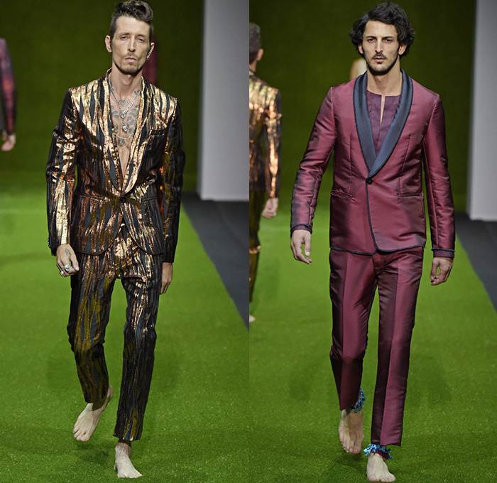 Christian Pellizzari 2015 Spring Summer Mens Runway Looks - Milano Moda Uomo Collezione Milan Fashion Week Italy Camera Nazionale della Moda Italiana - Denim Jeans Jacquard Outerwear Polka Dots Flowers Florals Flora Embroidery 3d Embellishments Drawstring Lace Up Eyelets Grommets Vest Waistcoat Coat Parka Hoodie Steel Pattern Shirt Blazer Suit Sportcoat Bomber Tuxedo Cocktail Jacket Metallic Foil Cargo Pockets Pants Trousers Khakis Chinos